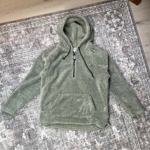 VS Pink Sherpa Hoodie Fleece Quarter Zip Sweatshirt Large Sage Green Baggy Soft